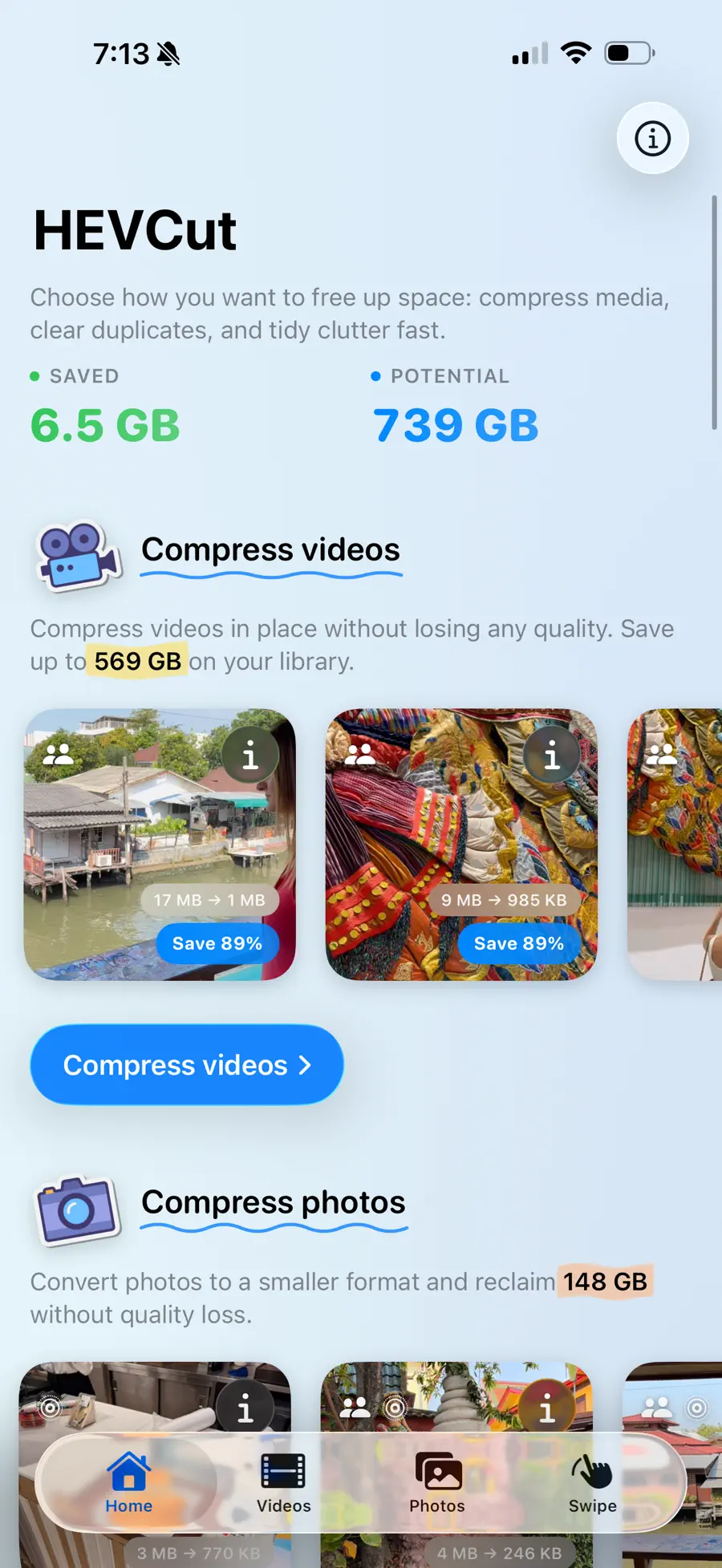 HEVCut home — saved and potential storage totals