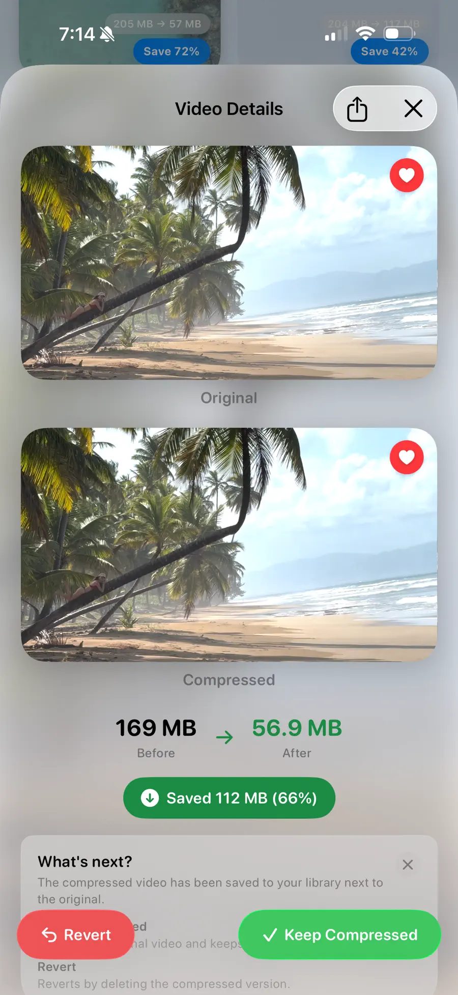 Side-by-side original vs compressed video with savings